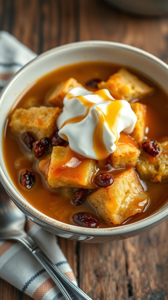Warm bread pudding with caramel sauce and whipped cream on a rustic table.